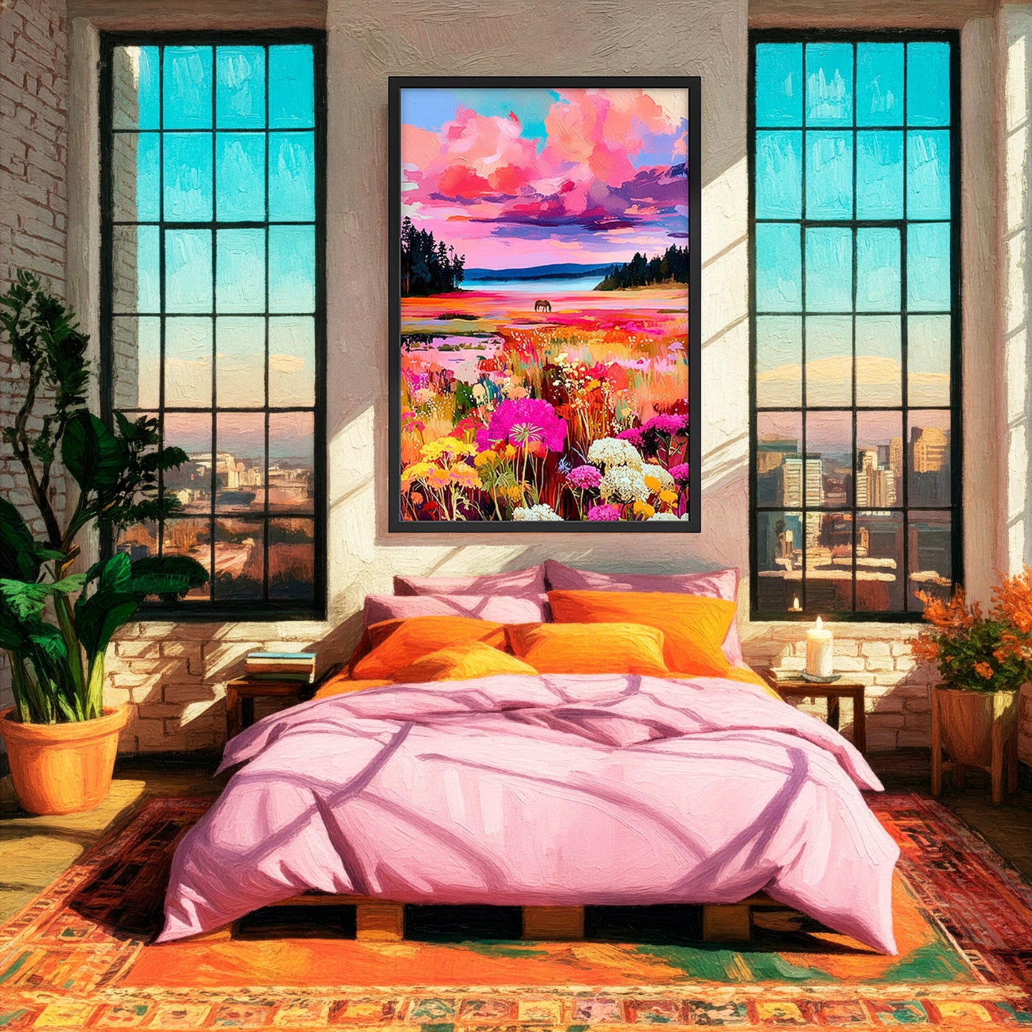 Framed western horse landscape art print displayed above a bed in a cozy bedroom with pink bedding, large windows, and warm natural light