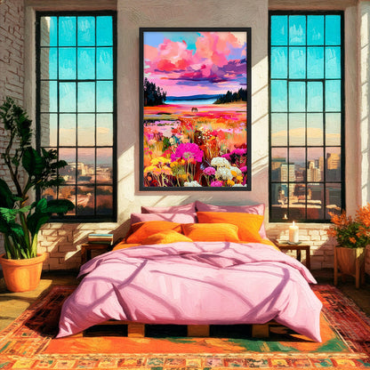 Framed western horse landscape art print displayed above a bed in a cozy bedroom with pink bedding, large windows, and warm natural light