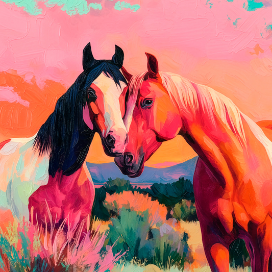 Colorful western horse painting of two nuzzling horses at sunset, modern impressionist desert landscape in vibrant pink, orange, and teal tones