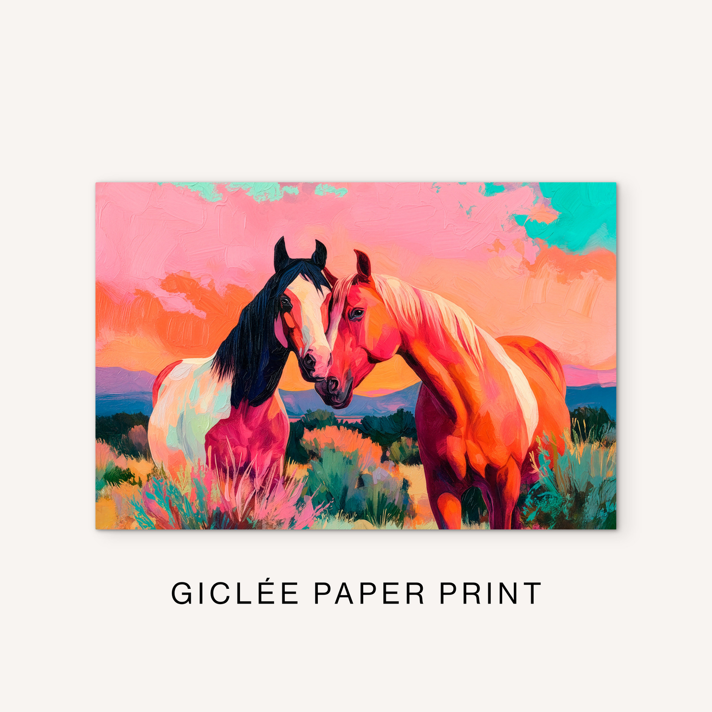 Western horse pair giclée print featuring two colorful horses, pink sunset sky, desert plants, and bold ranch landscape details.