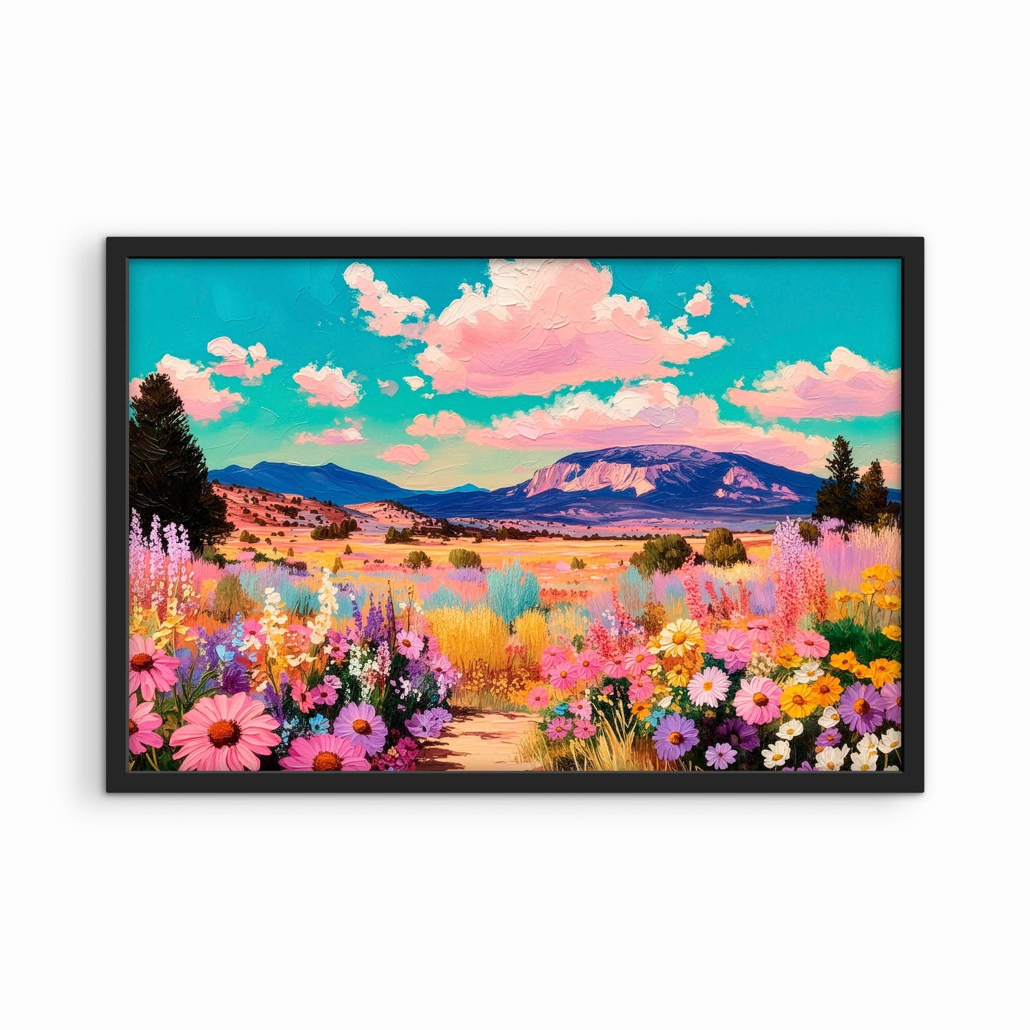 Vibrant western landscape painting in black frame on white background