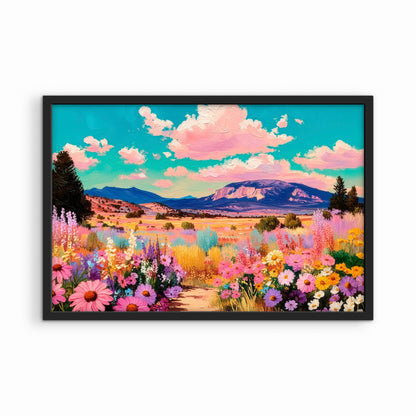 Vibrant western landscape painting in black frame on white background