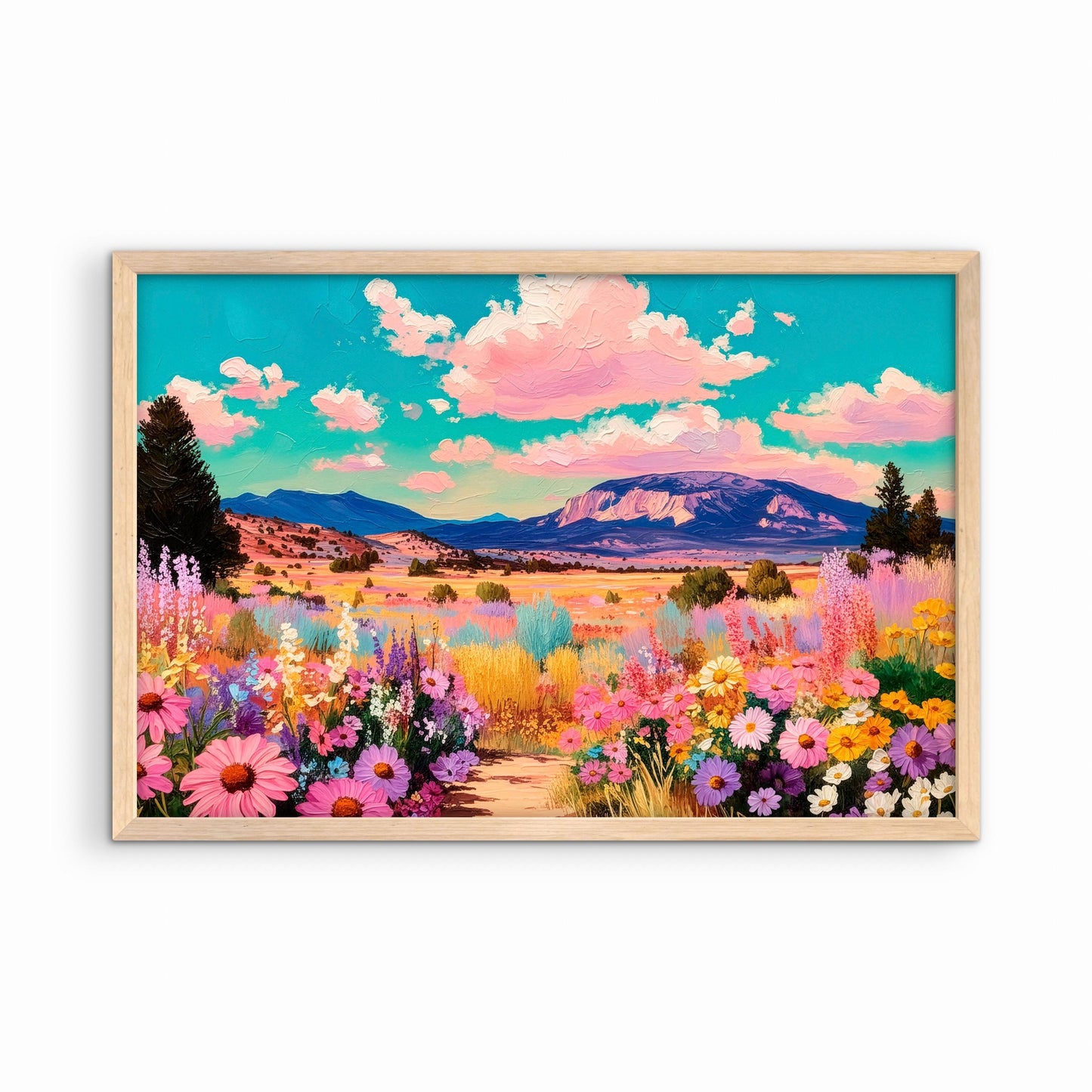 Colorful mountain landscape wall art in natural wood frame on white background