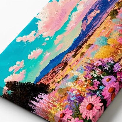 Close up of textured canvas showing thick brush strokes in a colorful western wildflower landscape painting