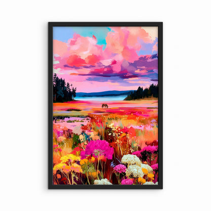 Western landscape horse wall art in black frame isolated on white background