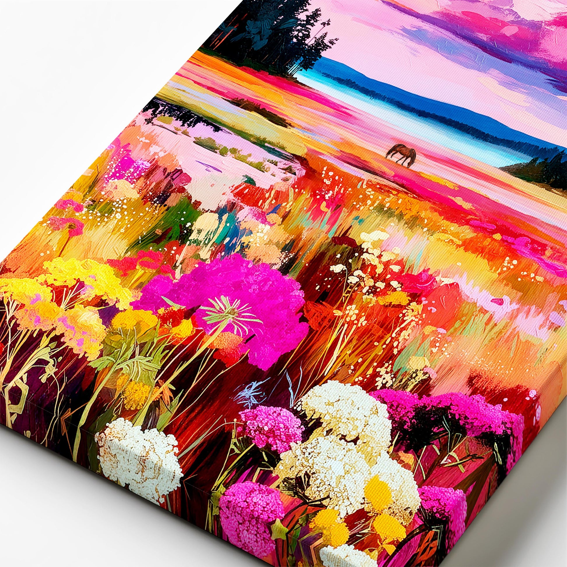 Close up of canvas texture showing brushstrokes and detail in a colorful western horse landscape painting