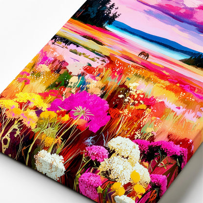 Close up of canvas texture showing brushstrokes and detail in a colorful western horse landscape painting