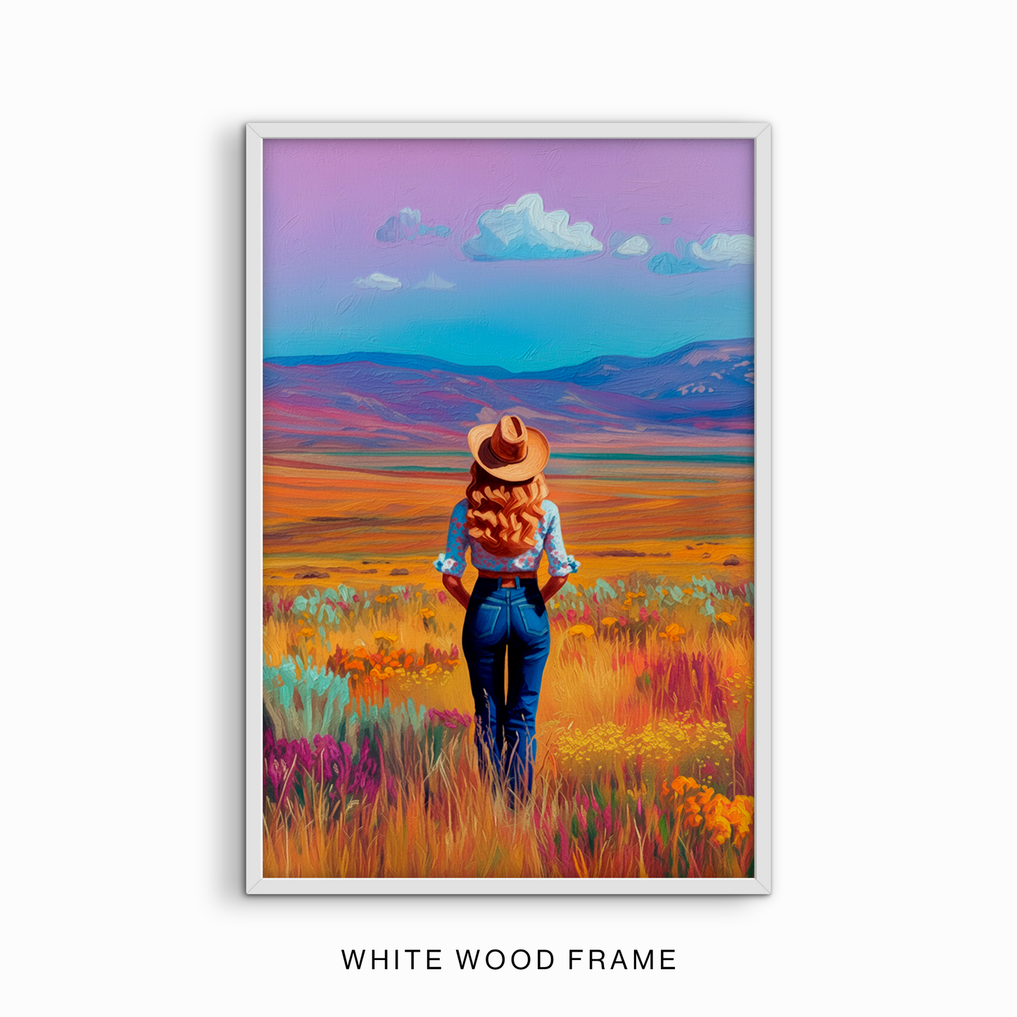 Southwestern cowgirl wall art displayed in a modern white frame.