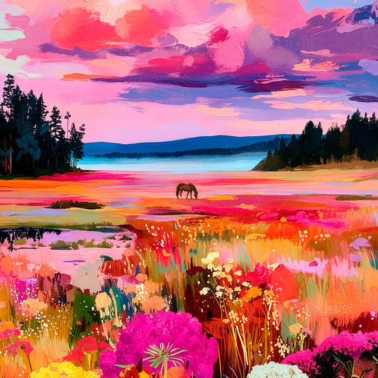 Colorful western landscape painting of a lone horse standing in a vibrant meadow at sunset with pink clouds, wildflowers, and a serene lake in the distance