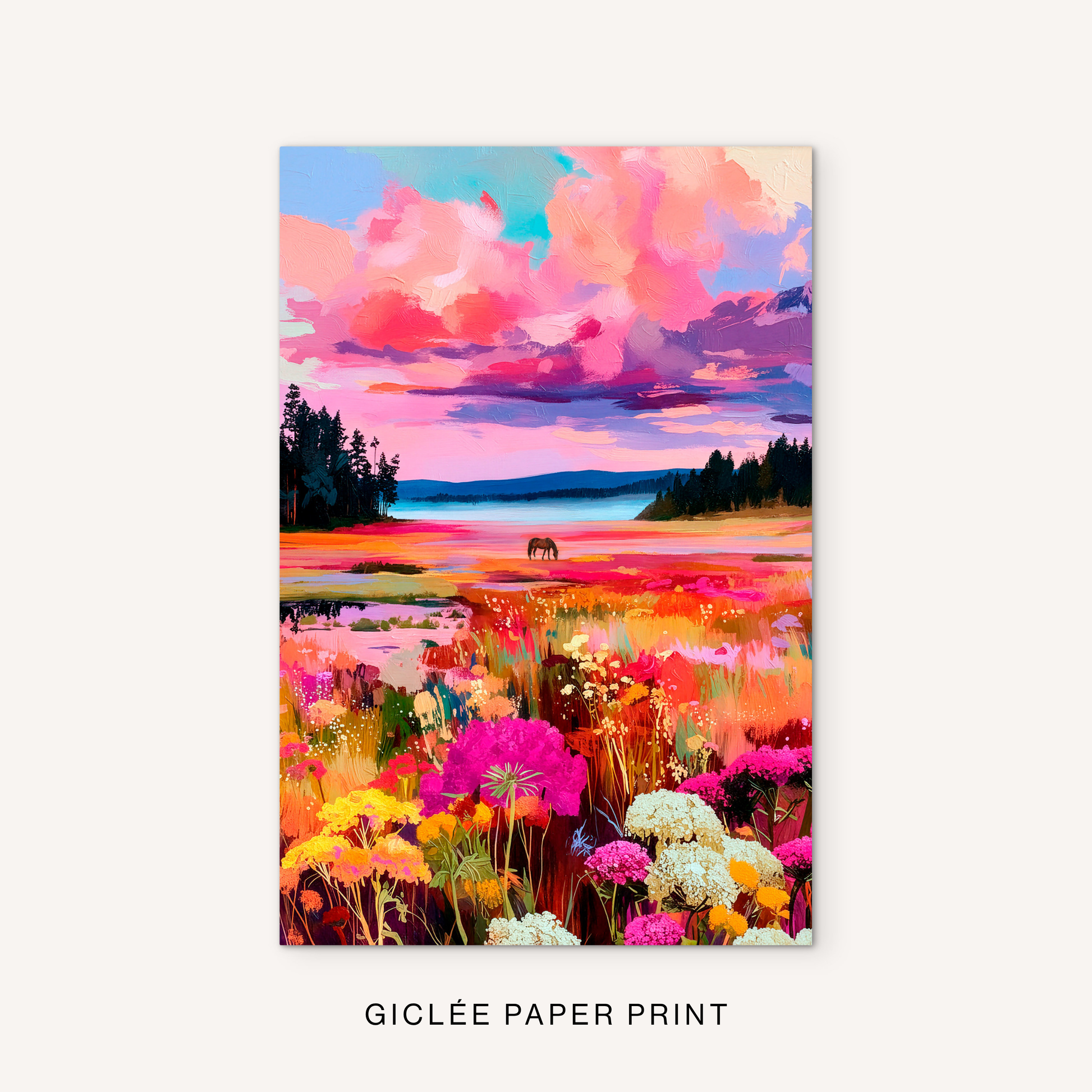 Western wildflower giclée print featuring a colorful lake landscape, distant horse, bright meadow flowers, and a dramatic pink cloud sky.