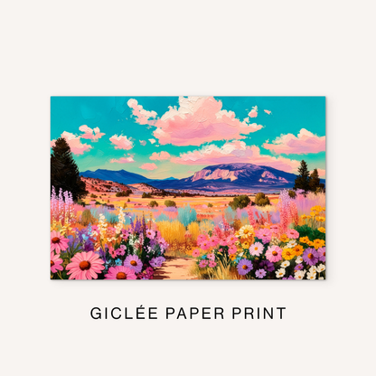 Western wildflower giclée print featuring a colorful meadow, distant mountains, pink clouds, golden grasses, and bright prairie landscape details.