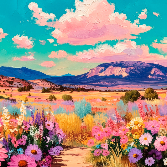 Colorful western landscape painting with wildflowers, pastel sky, and distant blue mountains in a vibrant modern impressionist style