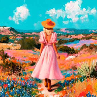 Colorful western landscape painting of a woman in a pink dress walking through wildflowers under a bright blue sky, inspired by peaceful countryside and feminine freedom