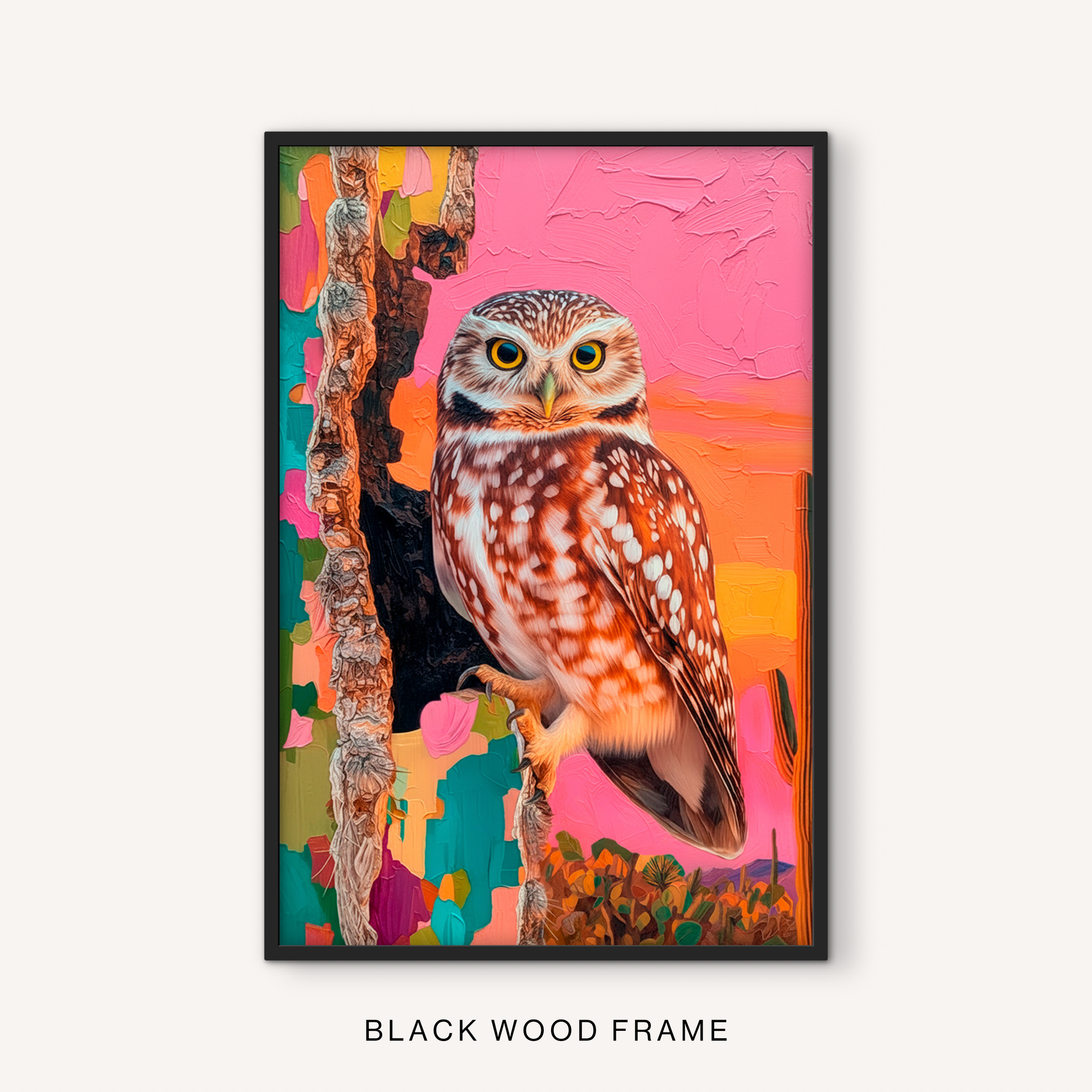 Western wildlife owl print in a black frame featuring a vivid pink desert landscape, cactus details, and colorful animal art.