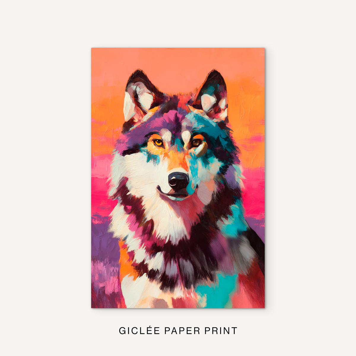 Western wolf giclée print featuring a colorful wildlife portrait, vivid orange sky, pink and turquoise details, and bold animal artwork.