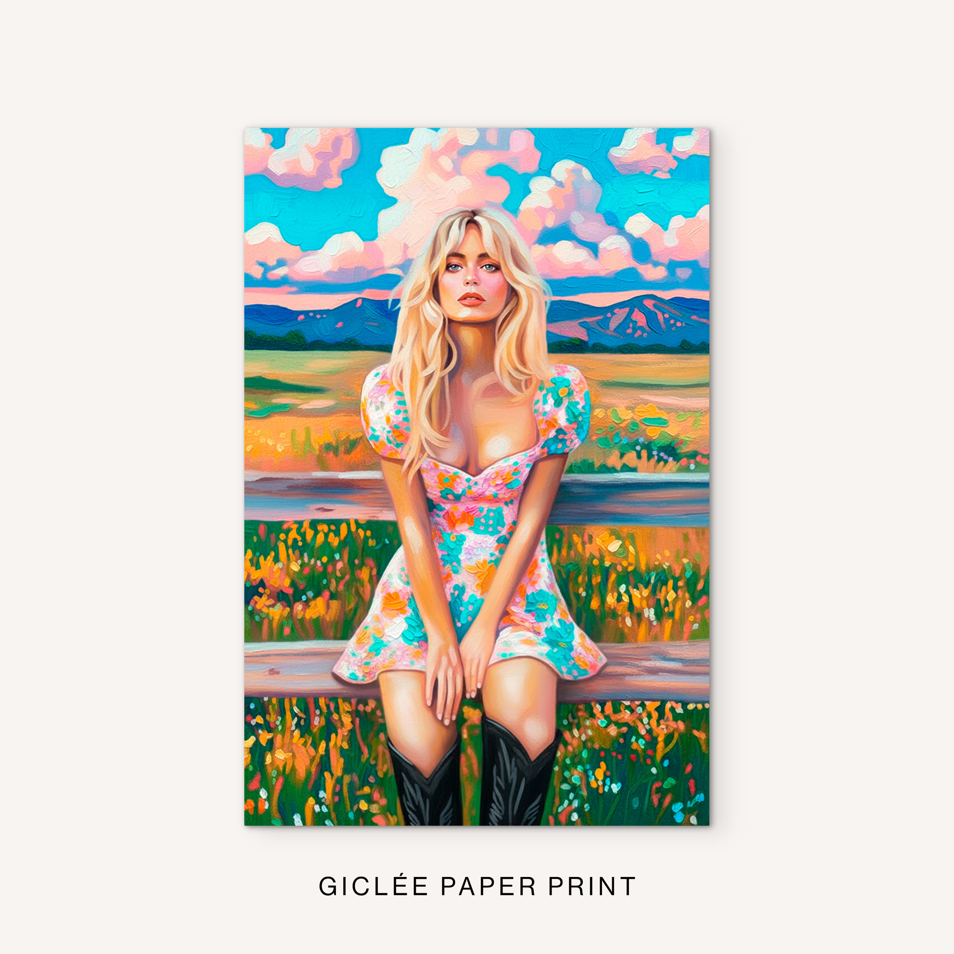 Western woman giclée print featuring a blonde cowgirl, colorful wildflower field, distant mountains, and bright ranch landscape details.