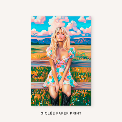 Western woman giclée print featuring a blonde cowgirl, colorful wildflower field, distant mountains, and bright ranch landscape details.